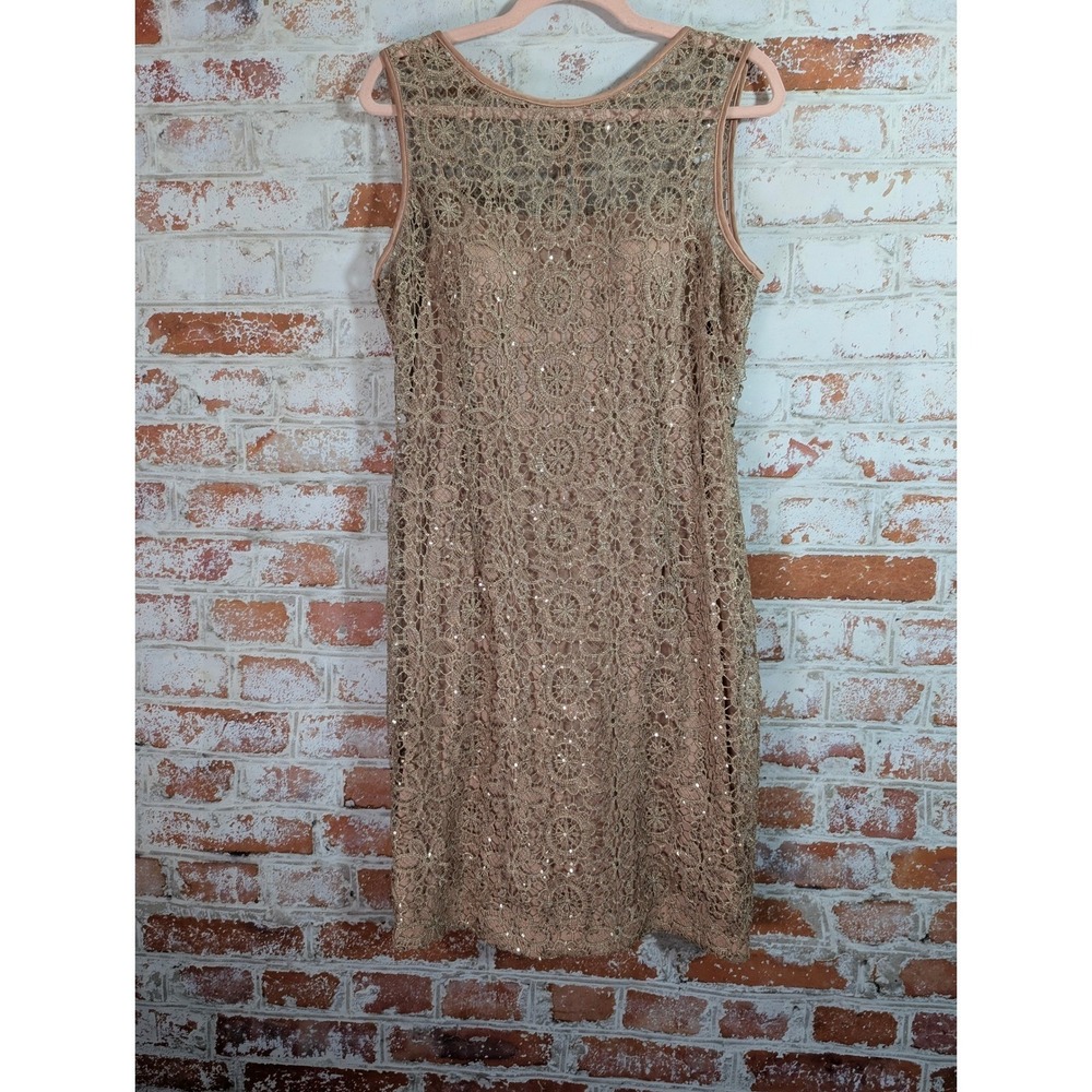 Adrianna Papell Lace Sheath Dress Womens 12 Gold Sequin Cocktail Party Evening